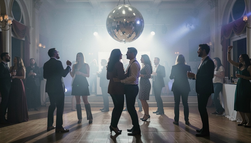 Piste de danse de club parisien avec boule à facettes, silhouettes dansant et lumières bleutées traversant la fumée.