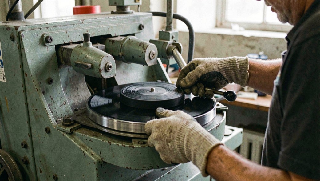 Presse industrielle de vinyle serrant une galette noire entre deux moules, opérateur en gants contrôlant la sortie.