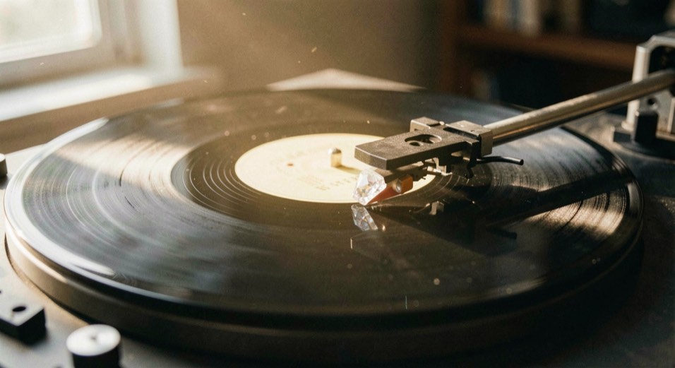 Gros plan sur une platine vinyle au bras posé, le diamant lisant les sillons d’un disque noir sous une lumière dorée.